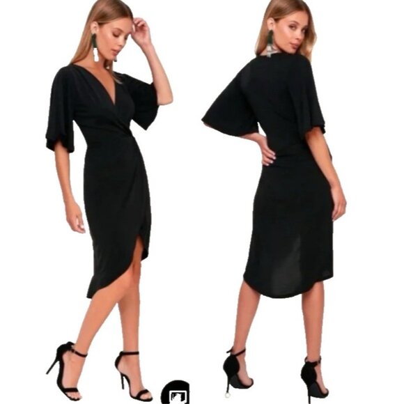Lulus Dresses & Skirts - Lulus Midi Dress 1X Black Short Flutter Sleeve Stretch Silky Soft Washable NEW